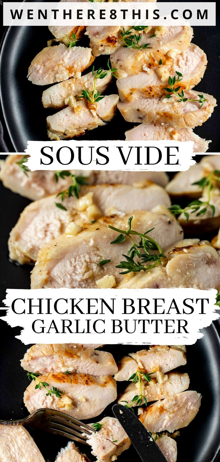 chicken breast with garlic butter on a black plate and the words sous vide written in white