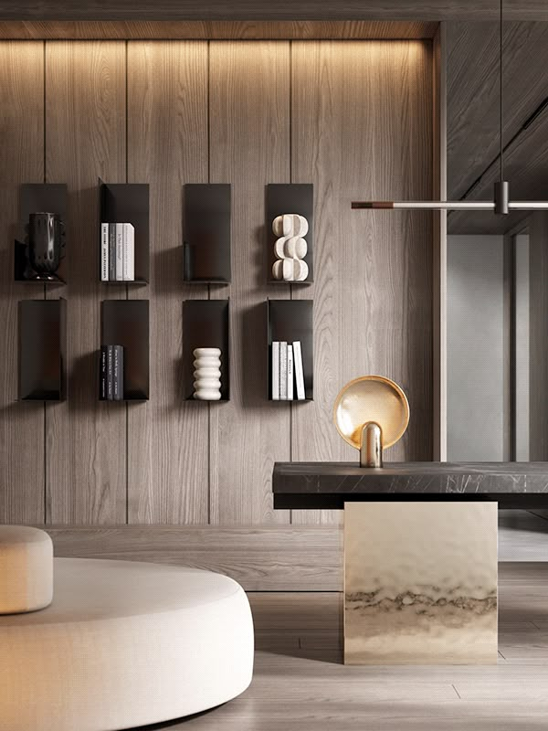 a modern living room with wood paneling and shelves on the wall, along with a round ottoman