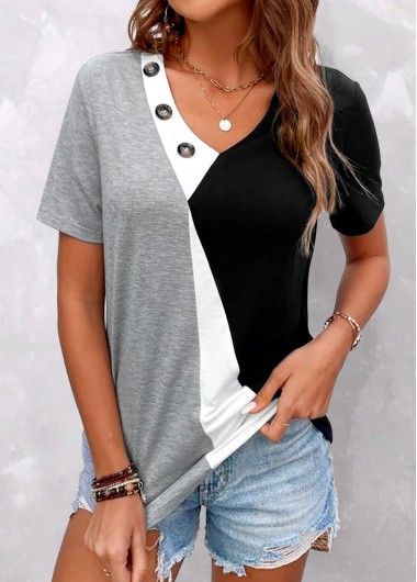 Size:S;Size:M;Size:L;Size:XL;Color:Grey;Package Contents:1 X T Shirt;Occasion:Other;Style:Casual; Womens Summer Shorts, Short En Jean, Short Sleeve Blouse, Black Tee, Casual Tops, Color Block, Shirt Style, V Neck T Shirt, Types Of Sleeves