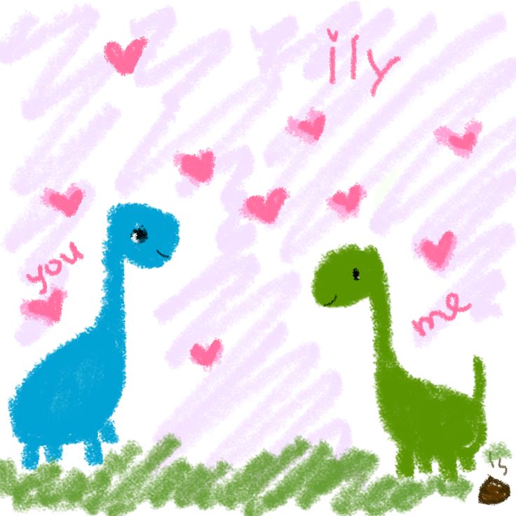 two cartoon dinosaurs with hearts in the background