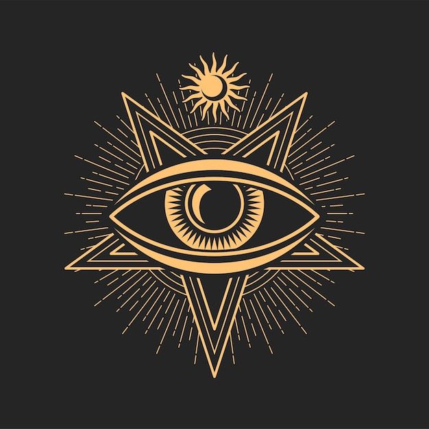 an all seeing eye with the sun in the background