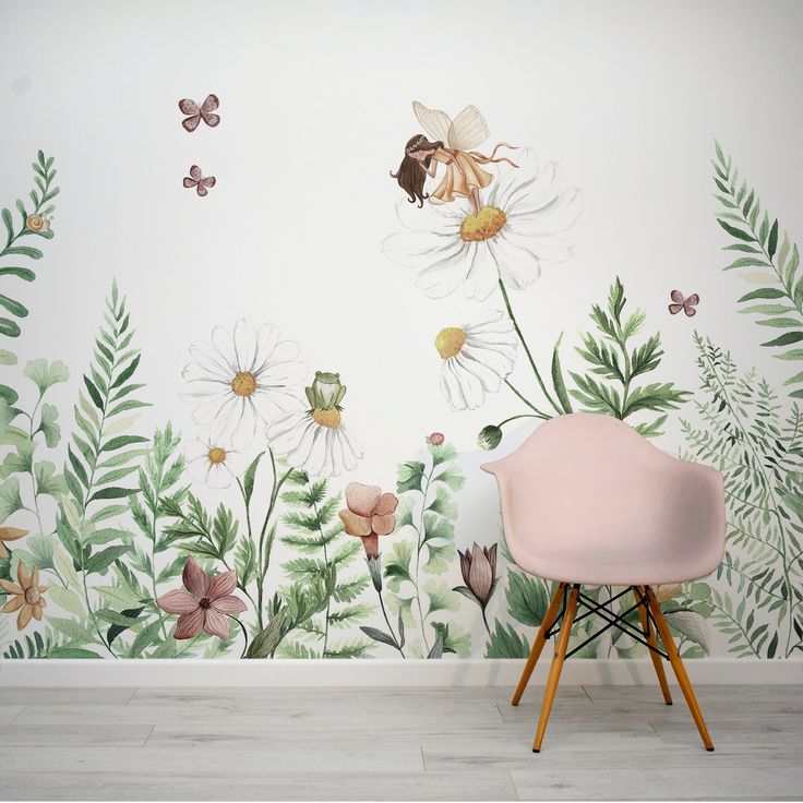 Fairy Garden - Magical Flowers and Fairies Watercolour Illustration Wallpaper Mural with Pink Chair Fairy Wall Mural, Fairy Garden Wallpaper, Basement Mural, Fairy Mural, Garden Wall Mural, Girl Nursery Wallpaper, Magical Flowers, Believe In Fairies, Rumpus Room