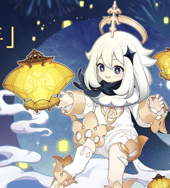 an anime character with white hair and blue eyes holding two gold lanterns in the air