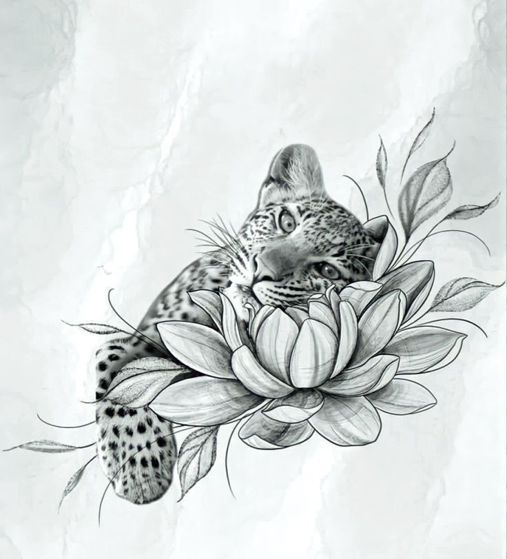 a black and white drawing of a leopard resting on a flower