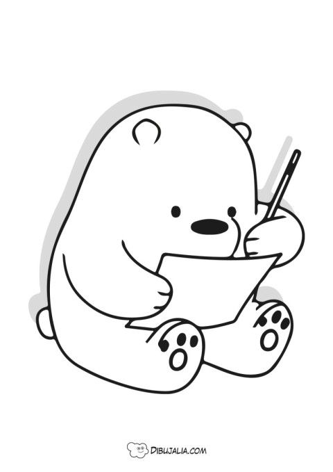 a cartoon polar bear holding a piece of paper with a pencil in it's mouth