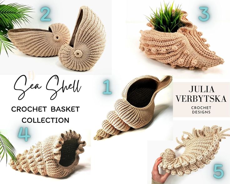 crochet shoes and planters are featured in this advertisement for the project, sea shell