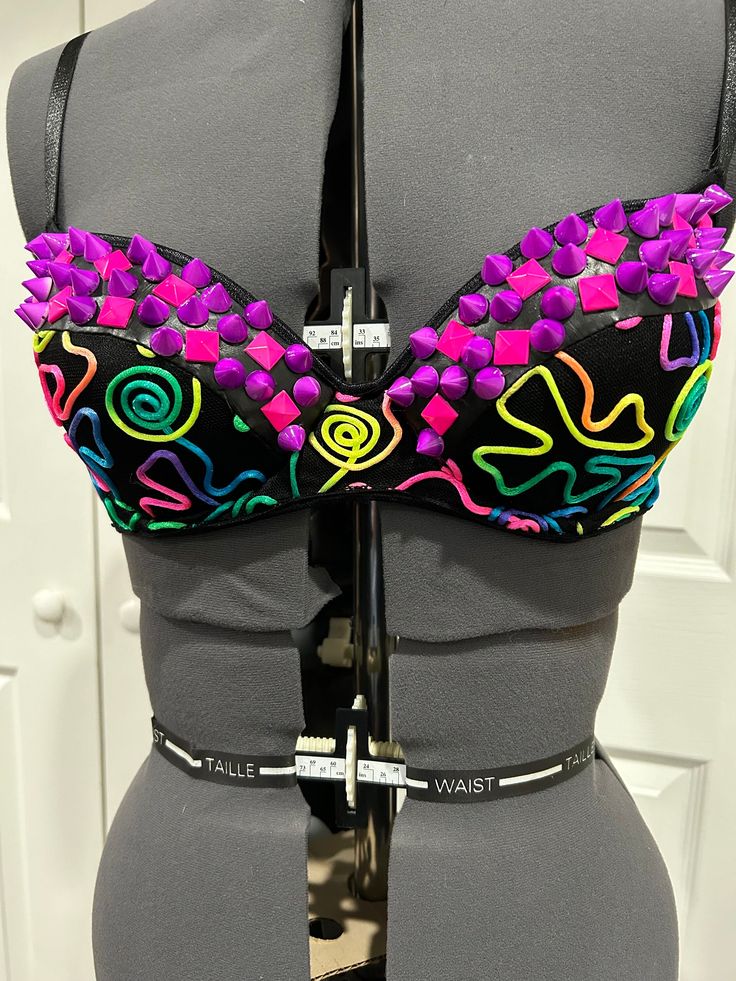 Hand Decorated bra. Great under  a blouse or blazer. Fitted Low-cut Halter Top With Built-in Bra, Fitted Cropped Halter Top With Straps, Trendy Fitted Halter Top For Festival, Fitted Summer Bra With Built-in Support, Party Low-cut Crop Top With Built-in Bra, Stretch Halter Top With Built-in Bra For Party, Club Triangle Halter Top With Built-in Bra, Spring Party Low-cut Crop Top, Fitted Crop Top For Summer Costume Party