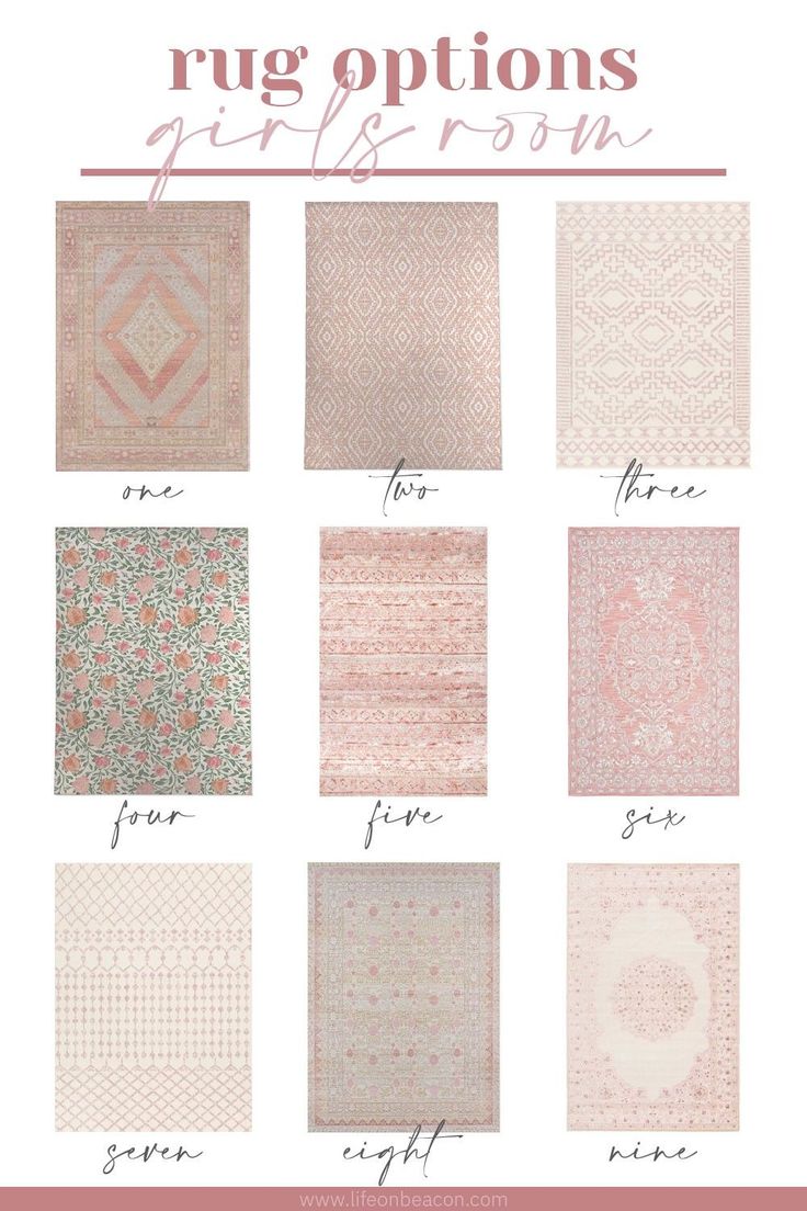 rug options for different rooms in pink and white colors, with the words rug options on it