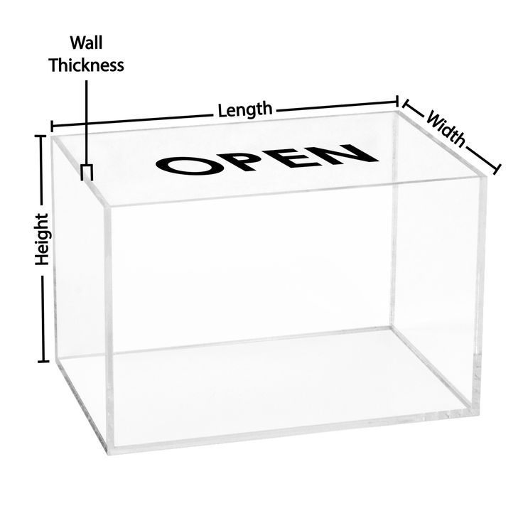 an open glass box with measurements for the size and width, including wall thickness