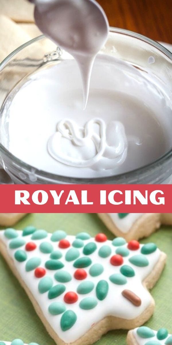 royal icing is being poured onto decorated cookies in a glass bowl and on a table