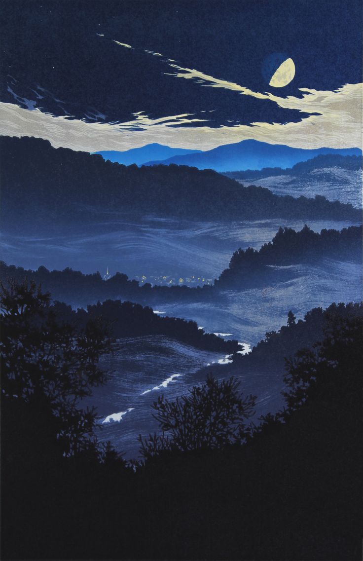 a painting of mountains and trees with the moon in the sky above them at night