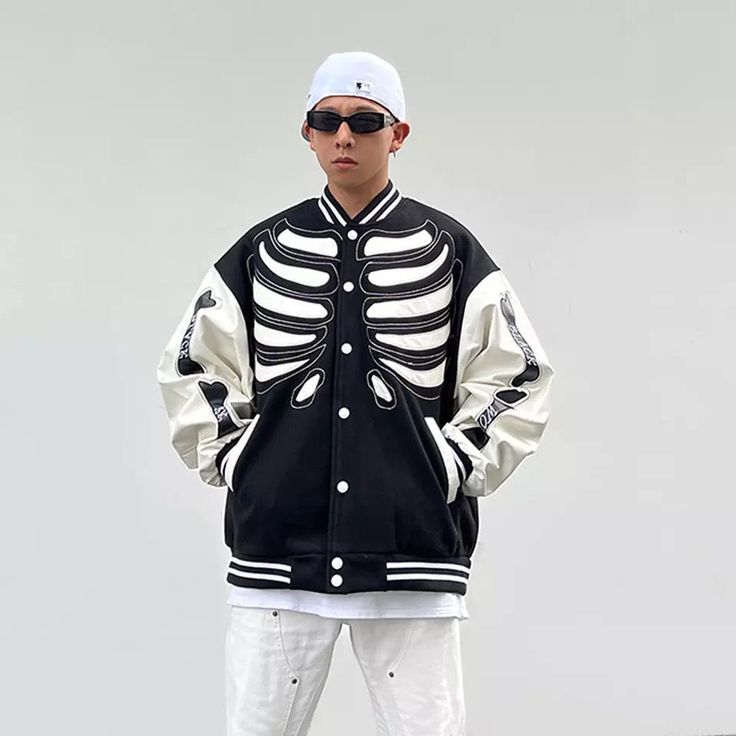 Skeleton Varsity Jacket – COLDLINE CLOTHING Baseball Jacket Men, Harajuku Men, Skeleton Bones, Distressed Sweatshirt, Streetwear Essentials, Streetwear Hip Hop, Crop Top Sweatshirt, Baseball Jacket, Womens Size Chart