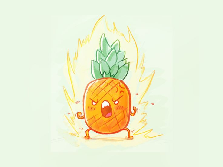 a cartoon pineapple with its eyes closed and hands in the air, on fire