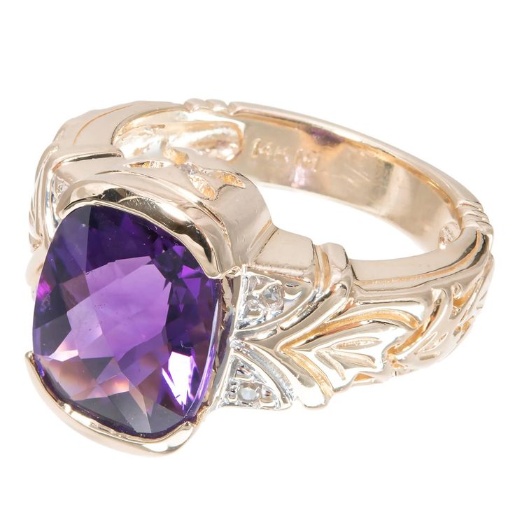 14k Yellow gold semi bezel bright purple amethyst and diamond ring. 1 cushion bright purple checkerboard cut Amethyst, approx. total weight 2.50cts, VS – SI, 10.50 x 9.05 x 6.27mm 4 round diamonds approx. total weight .04cts, I, SI Size 6 and sizeable 14k yellow gold Tested and stamped: 14k Hallmark: NH 7.4 grams Width at top: 12.96mm Height at top: 7.85mm Width at Bottom: 4.24mm Tsavorite Engagement Ring, Diamond Gold Ring, Gold Amethyst Ring, Purple Amethyst Ring, Vintage Rose Gold, Amethyst And Diamond Ring, Yellow Gold Wedding Band, Unique Diamond Rings, Rose Gold Diamond Ring