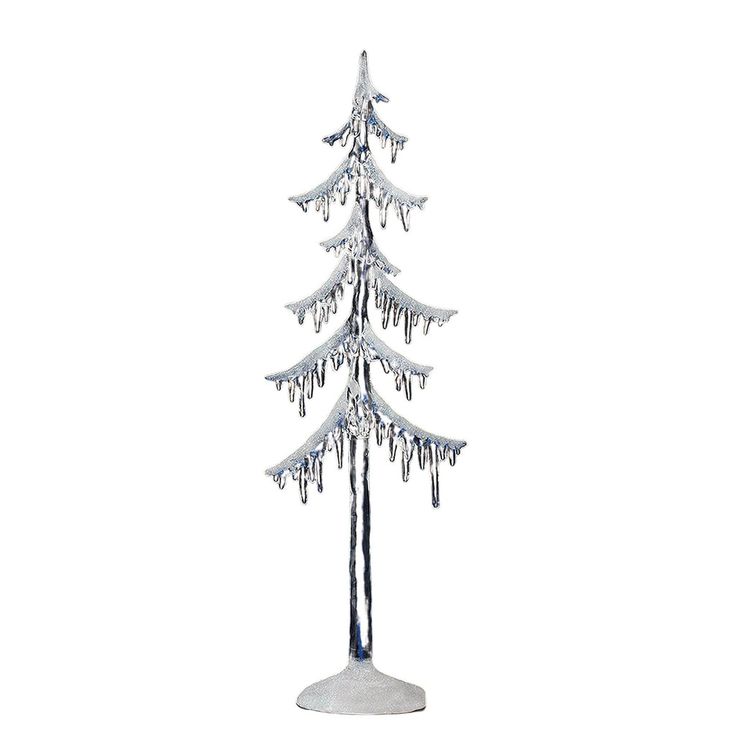 a snow covered christmas tree with icicles hanging from it's top and bottom