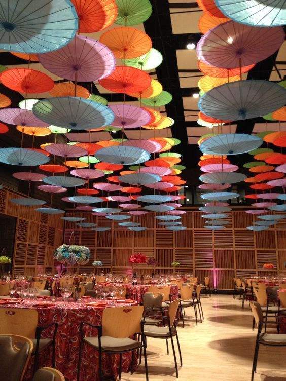 a large room with many tables and umbrellas hanging from the ceiling