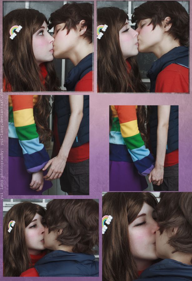 a collage of photos of a woman kissing a man with long brown hair and wearing a rainbow shirt