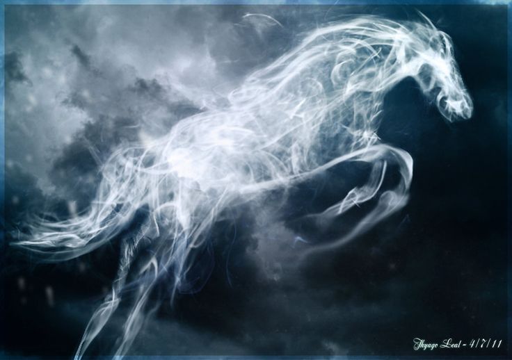 a white horse is in the middle of a blue and black background with clouds behind it