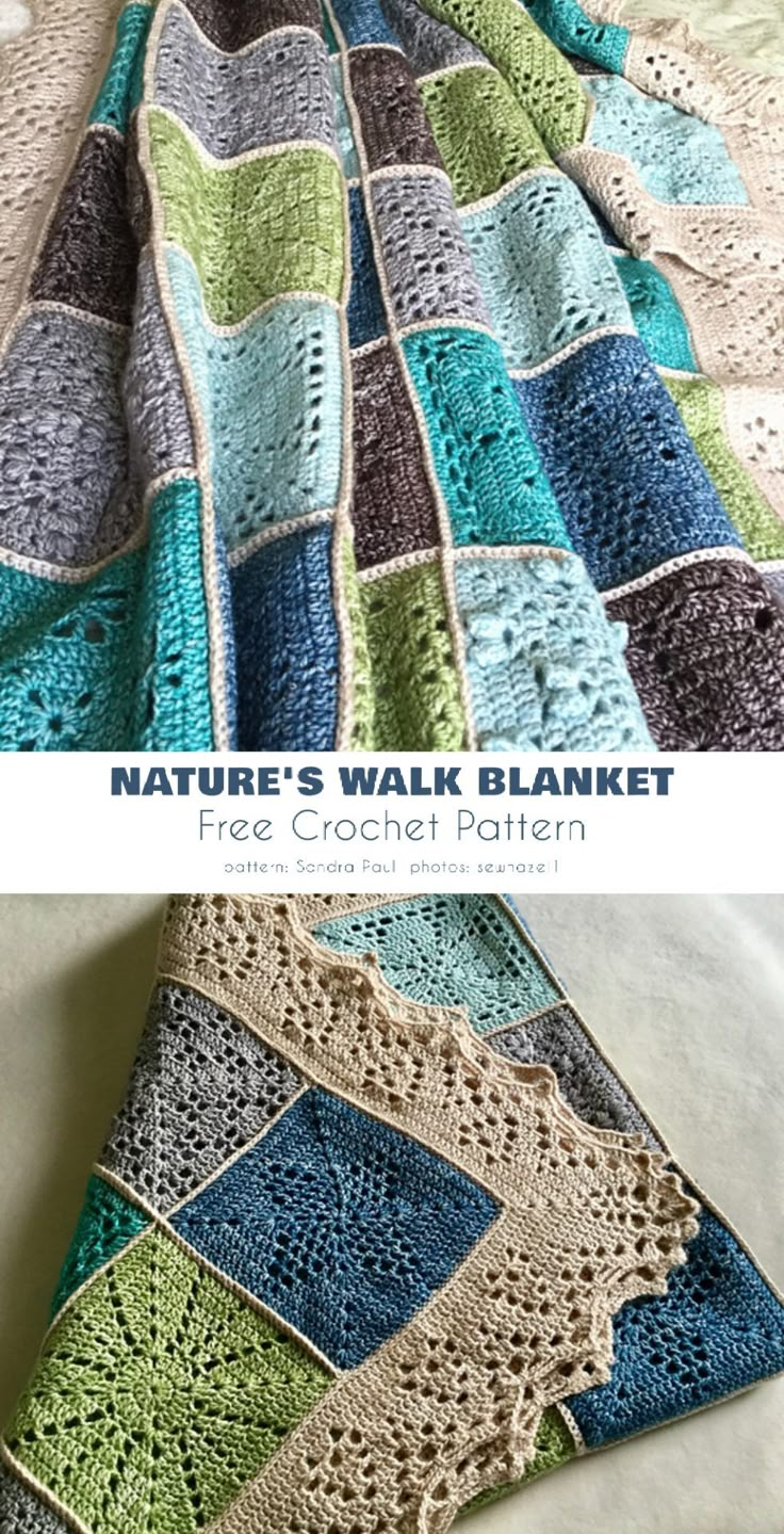 a crocheted blanket is shown with the text nature's walk blanket free crochet pattern