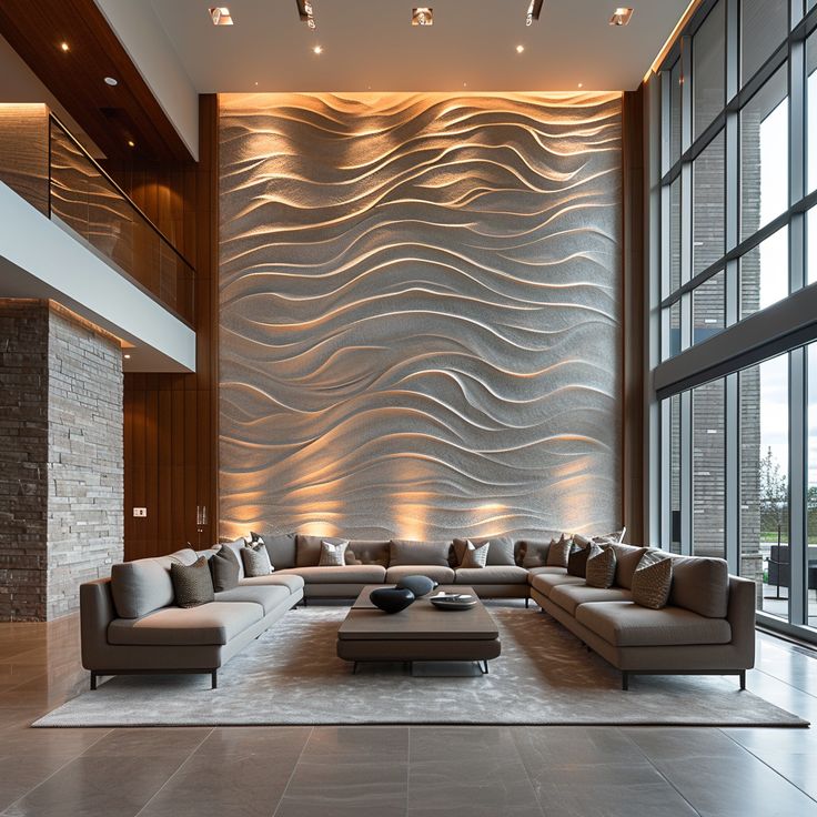 a large living room with couches and tables in front of a wall that has wavy waves on it