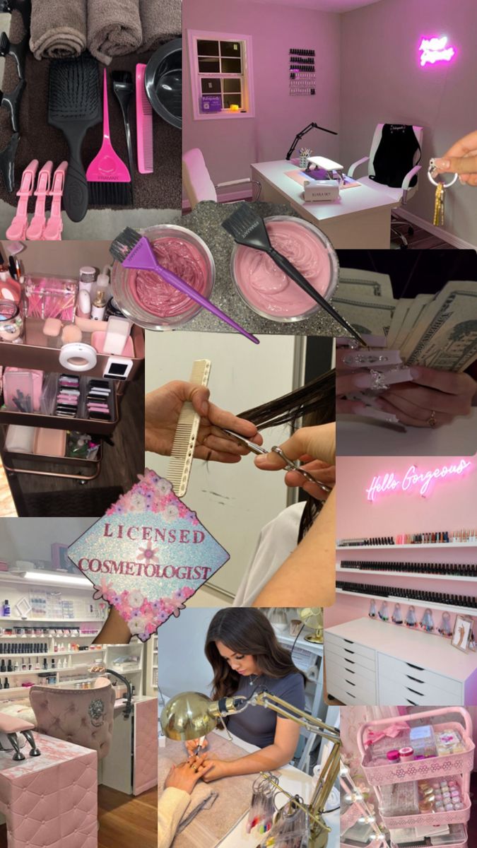 a collage of pink and white photos with various items