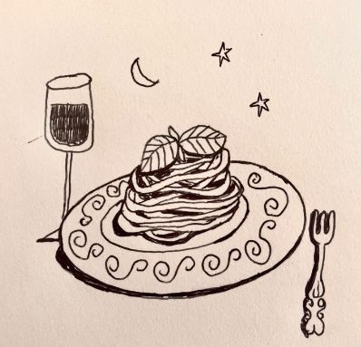 a drawing of pancakes on a plate with a glass of wine next to it and a fork