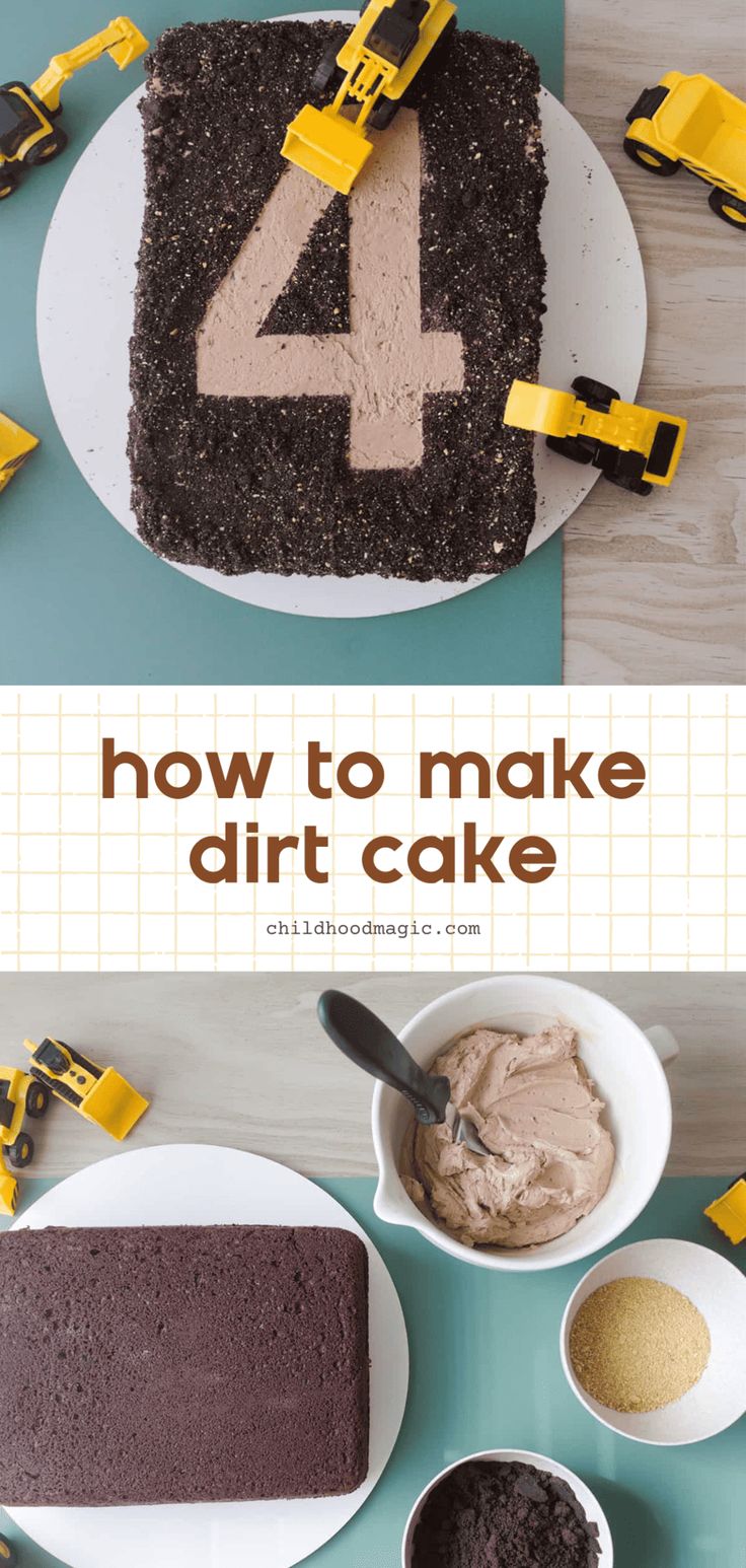 how to make dirt cake with construction trucks on top and the number four in the middle