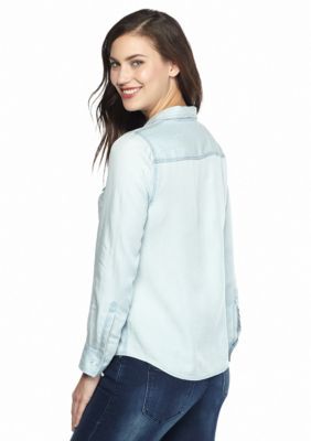 Create a chic, trend-savvy ensemble that goes from casual Fridays to weekend hangouts with ease. Fitted to perfection with a touch of feminine detailing, this chambray shirt is an effortlessly cool, classic off-duty staple that exudes perennial polish. | Crown & Ivy Women's Chambray Shirt, XS Spring Collared Shirt For Casual Wear, Summer Washed Shirt For Workwear, Summer Chambray Denim Top For Work, Spring Collared Tops For Casual Gatherings, Chambray Denim Top For Summer Workwear, Summer Workwear Chambray Denim Top, Light Wash Tops For Everyday Spring Wear, Relaxed Fit Washed Top For Spring, Light Wash Everyday Spring Tops