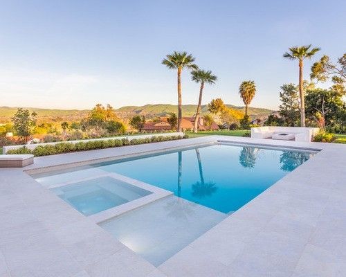 an outdoor swimming pool surrounded by palm trees and greenery in front of a house