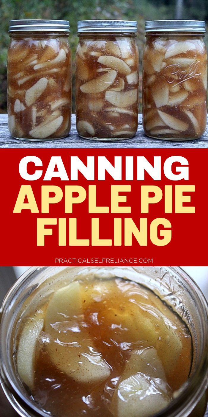 canning apple pie filling in mason jars with text overlay that reads canning apple pie filling