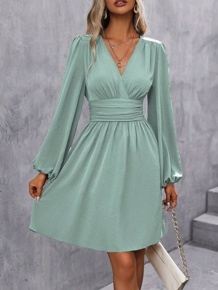 SHEIN USA Solid V-neck Mini Dress For Fall, Green Spring Dress With Pleated Sleeves, Spring Mini Dress With Solid Color And Surplice Neckline, Spring Pleated A-line Long Sleeve Dress, Shein Green Dress Long Sleeve, Shein Lantern Sleeve Dress, Casual Green V-neck Dress With Surplice Neckline, Shein Stuff, Aesthetic Vintage Outfits