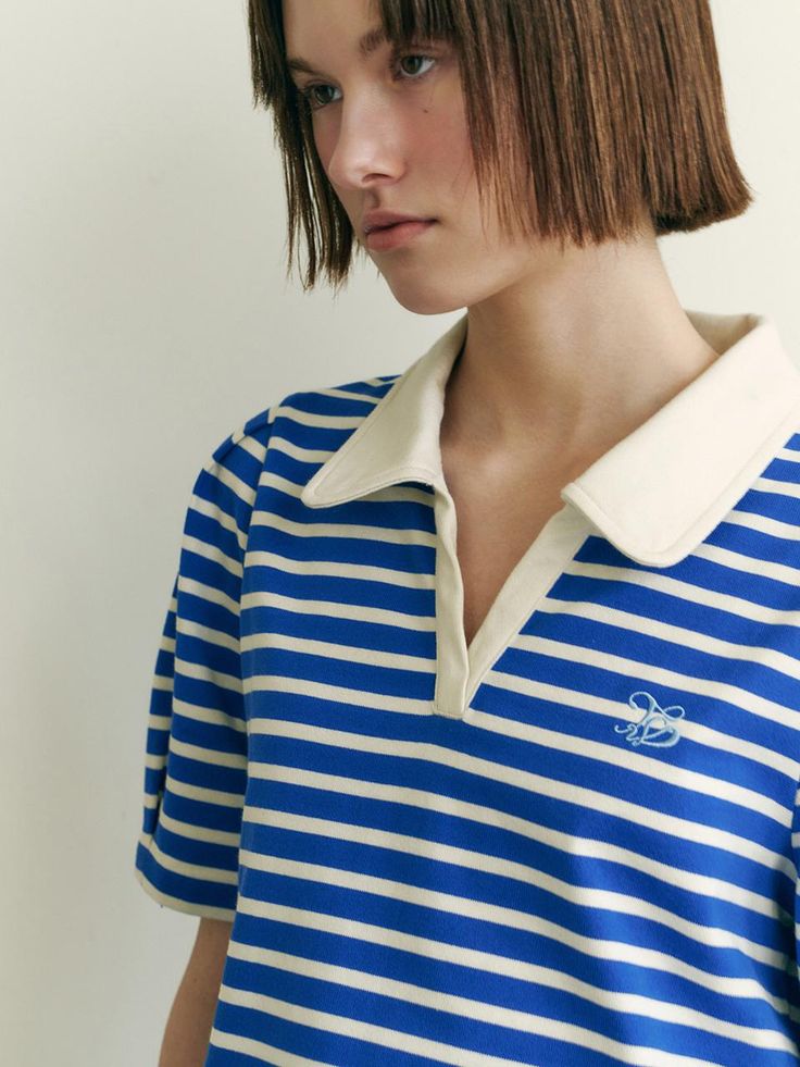 Composition : C100Country of Origin : Vietnam Sporty Polo Collar Top For Summer, Preppy Polo Collar Top With Striped Details, Preppy Tops With Striped Polo Collar, Preppy Top With Striped Polo Collar, Preppy Cotton Tops With Collared Neckline, Blue Tops With Striped Collar In Sporty Style, Blue Sporty Top With Collared Neckline, Sporty Blue Tops With Collared Neckline, Sporty Blue Top With Collared Neckline