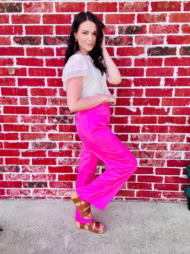 Elevate your outfit game with these satin high-rise pants in a bold solid hue. Featuring a zip fly and seamed details, these wide leg beauties will take your style to the next level. True to size fit! Small: 2/4 Medium: 4/6 Large: 8/10 Disclaimers; Our product colors may vary due to lighting and screen resolutions. Casual High Waist Satin Bottoms, Satin Pants For Summer Night Out, High Waist Satin Pants In Casual Style, Pink Stretch Satin Bottoms, Summer High-waisted Satin Wide Leg Pants, Summer Satin Straight Leg Bottoms, Casual High Waist Satin Pants, Summer Satin Wide Leg Straight Pants, Spring Pink Satin Bottoms