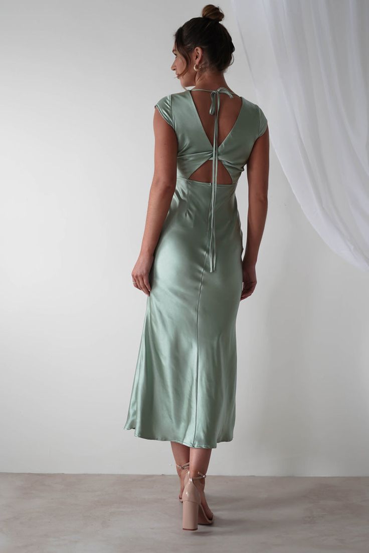 Nellie Soft Satin Midaxi Dress | Sage Green Hello Green, Dress With Plunging Neckline, Dress Sage Green, Green Satin Dress, Blue Champagne, Dress Sage, Champagne Pink, Midaxi Dress, Green Satin