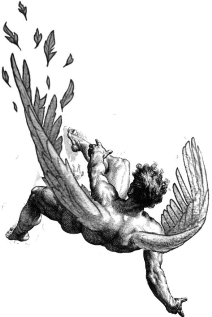 an artistic drawing of a man falling from a bird's wing with leaves coming out of his back