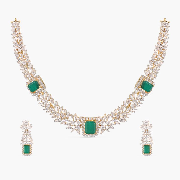 Gloin CZ Silver Necklace Set Luxury Green Bridal Necklace With Cutdana, Emerald Green Stone, Silver Necklace Set, Green Stones, Necklace Craft, Nature Inspired Design, 925 Silver Jewelry, Semi Precious Stones, Green Stone