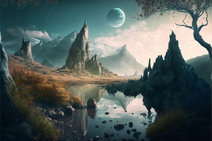 an alien landscape with mountains, rocks and water