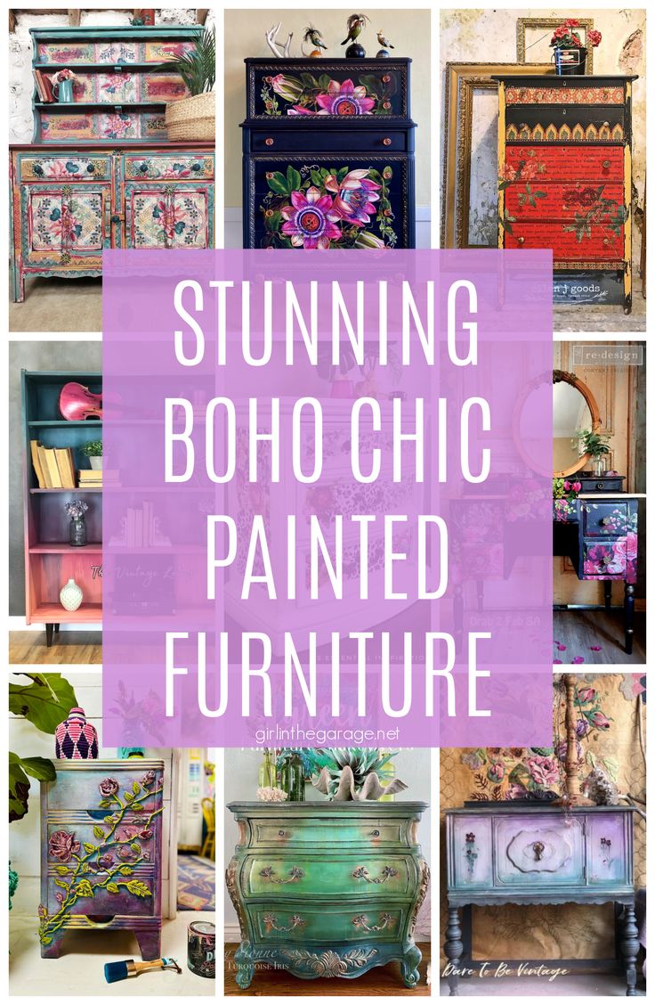 the words, stunning boho chic painted furniture are overlaid with images of colorful dressers