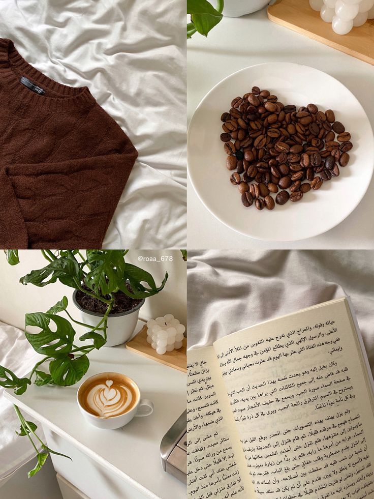 an open book on a bed next to a cup of coffee and a plate with beans