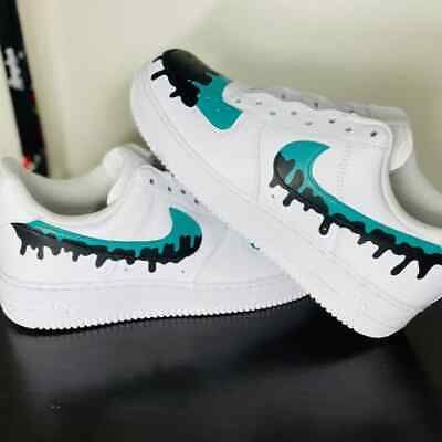 ad eBay - Nike Air Force 1 Custom Hand Painted White Shoes Teal Blue & Black Drip Swooshes - Buy Now, click the link (eBay) Custom Sneakers Diy, Nike Air Force 1 Custom, Custom Af1, Custom Shoes Diy, Air Force 1s, Custom Nike Shoes, Air Force 1 Custom, Custom Air Force 1, Cute Nike Shoes