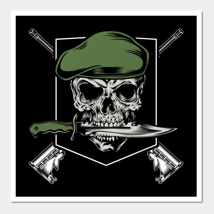 a skull with a green beret holding a knife