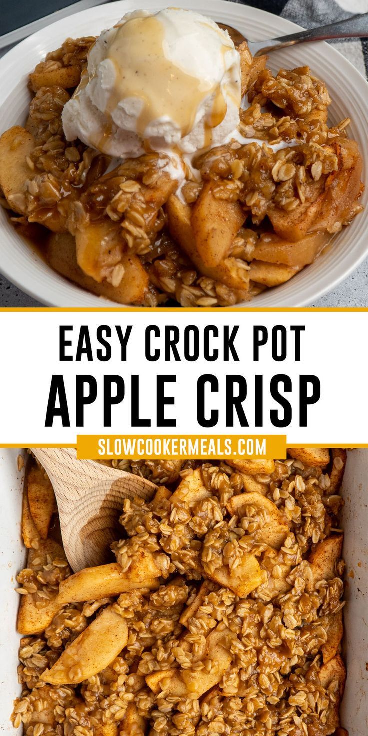 Close up of crock pot apple crisp with vanilla ice cream on top. Apples Going Bad Recipes, Crock Pot Apple Crisp, Dessert List, Crumble Recipes, Crockpot Apple Crisp, Crockpot Desserts, Work Breakfast, Crockpot Apple, Simple Desserts