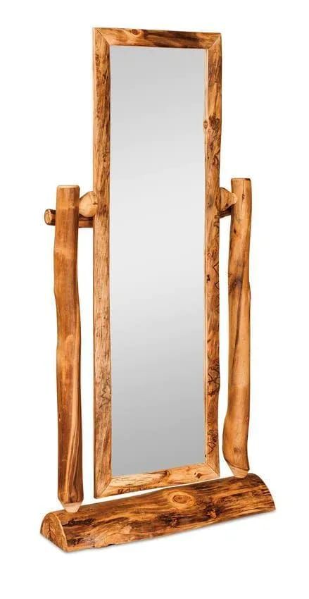 a wooden mirror sitting on top of a stand