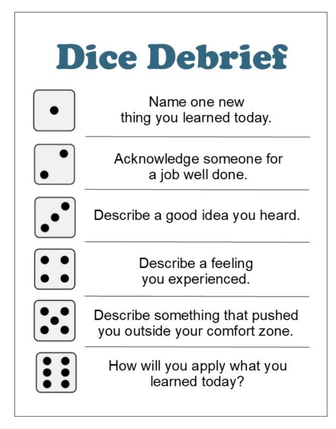 dice debrief card with the words, name one new thing you learned today