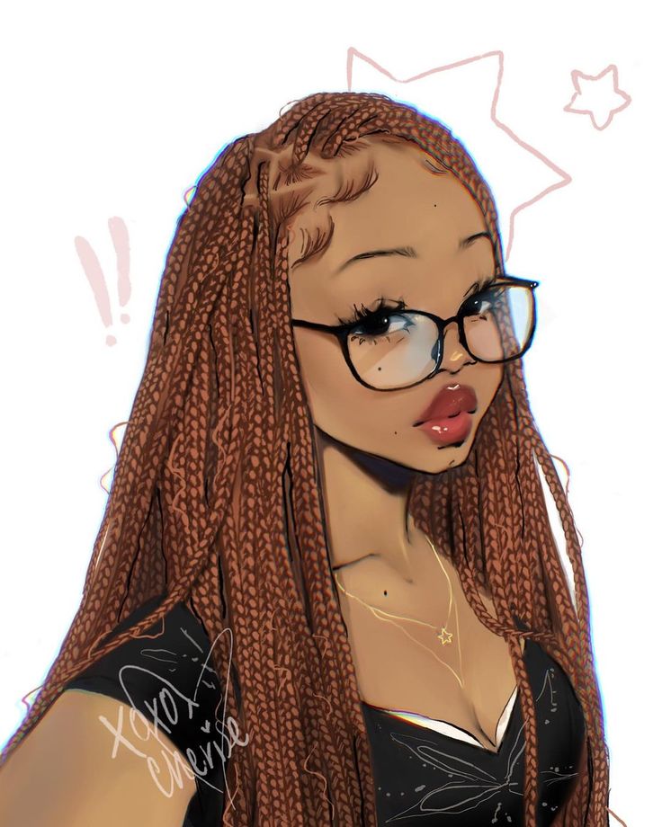 a drawing of a woman with glasses on her face and long hair in braids