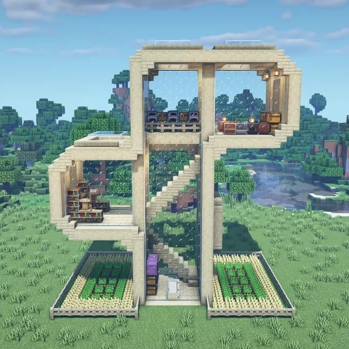 an image of a house made out of blocks in the middle of a green field