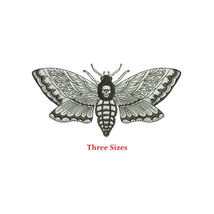 a black and white moth with the words three sizes on it