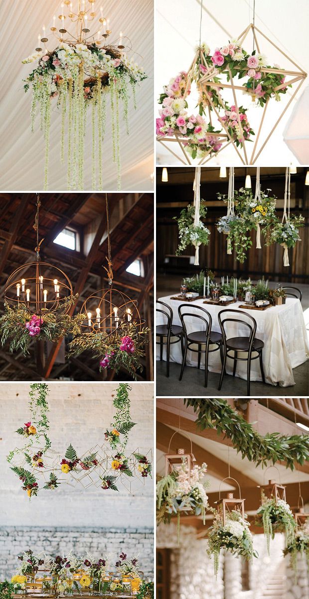 wedding flowers and chandeliers are hanging from the ceiling in this collage with white linens