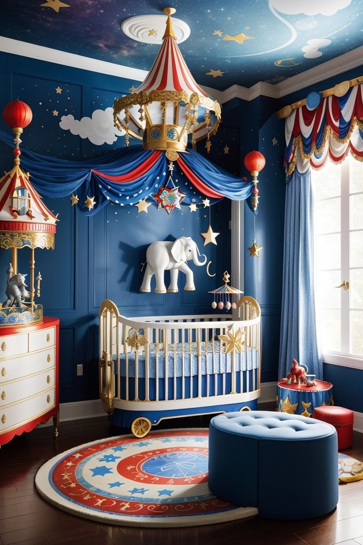 a baby's room decorated in blue, red and white with stars on the ceiling