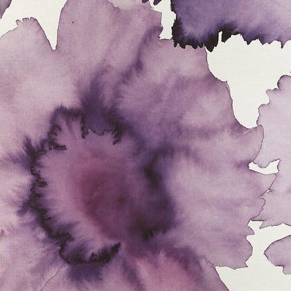 an abstract painting with purple and black paint on white paper, showing the center part of a flower